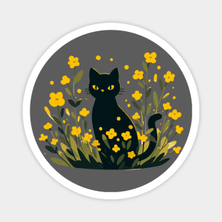 Black cat in yellow flower garden Magnet